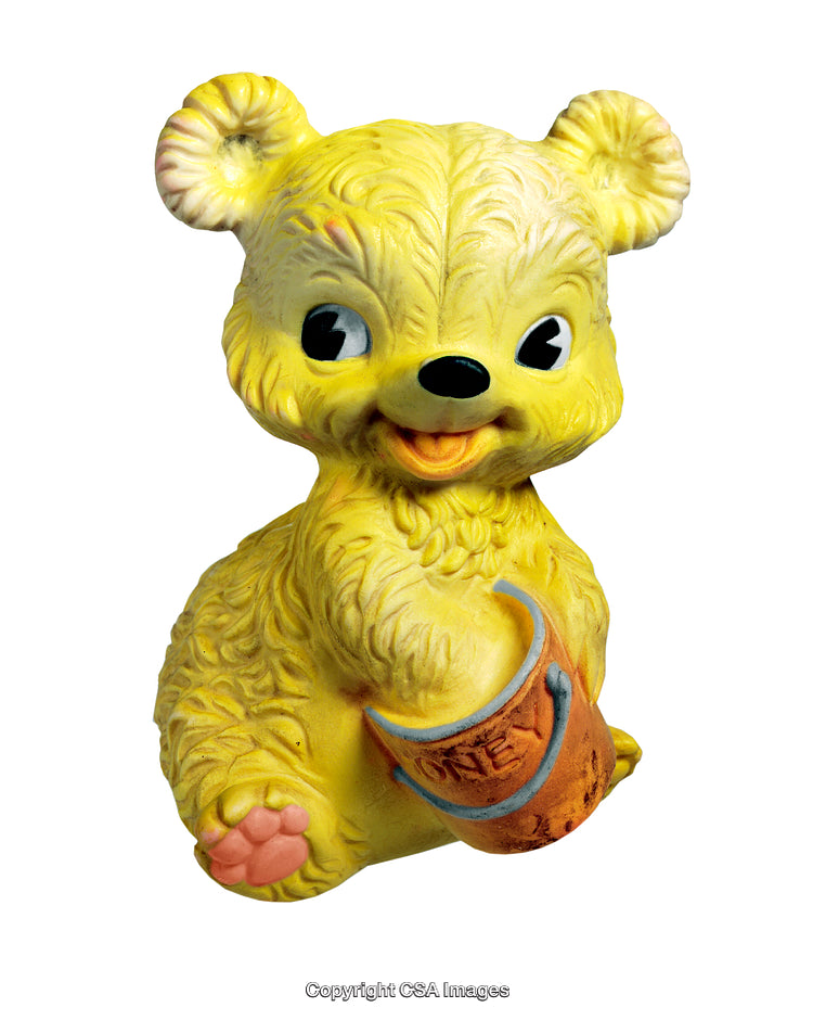 Yellow Bear Figurine Holding Honey Pot with Cheerful Expression