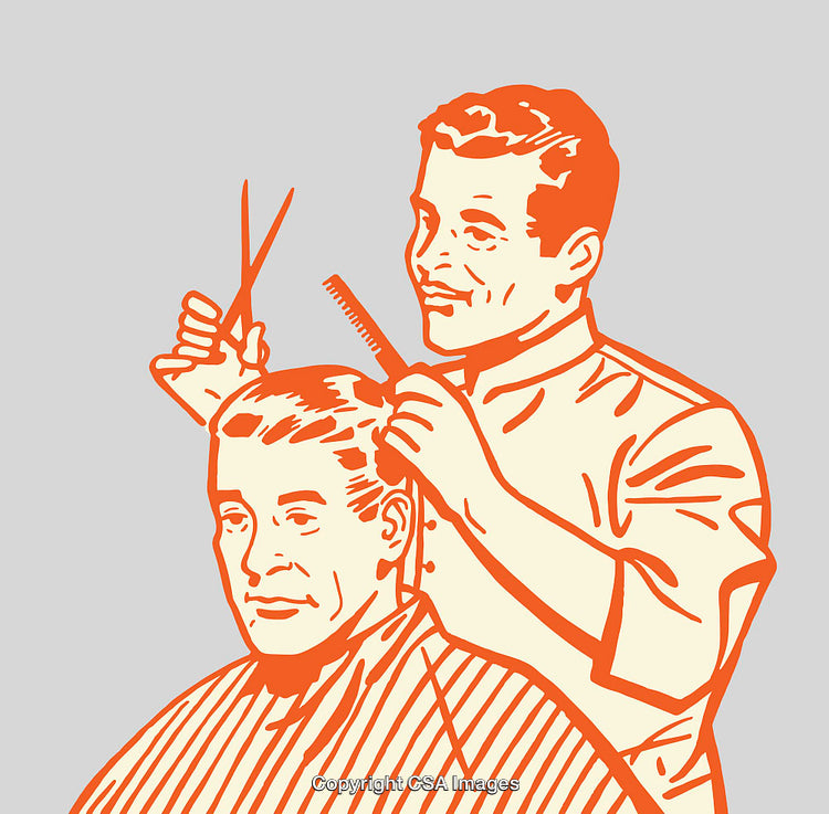 Vintage Line Art Illustration of a Traditional Barber Scene