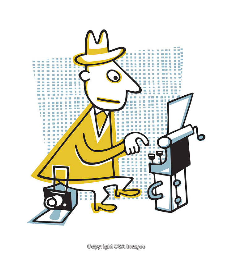 Cartoon Detective Operating a Typewriter in Retro Style Illustration