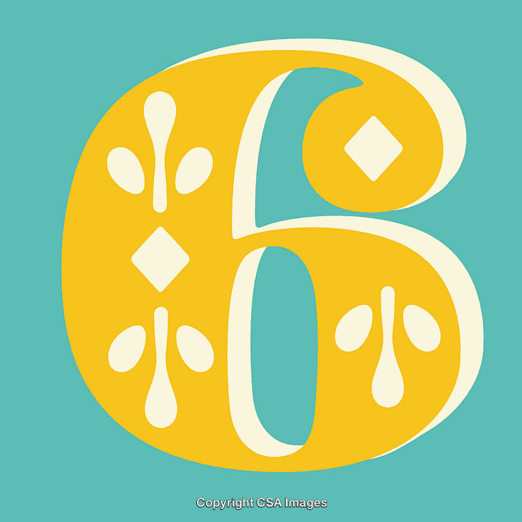 Decorative Number Six in Yellow on Turquoise Background