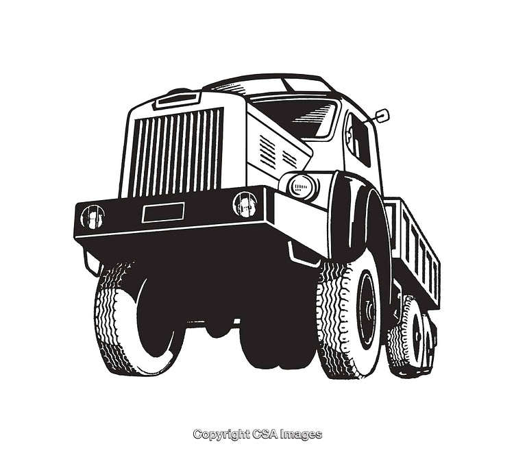 Black and White Illustrative Art of a Dump Truck in Bold Perspective