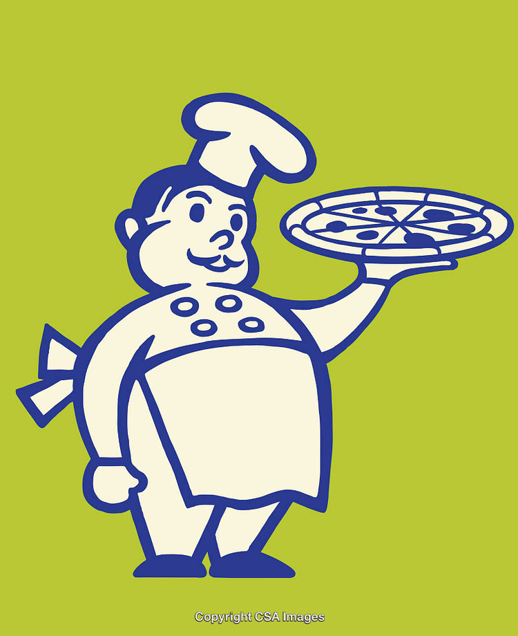 Cartoon Chef Holding a Pizza on Green Background in Line Art Style