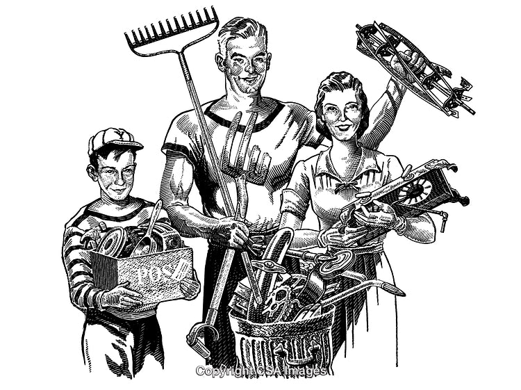 Vintage Illustrated Family Holding Tools and Items in Engraved Style Art