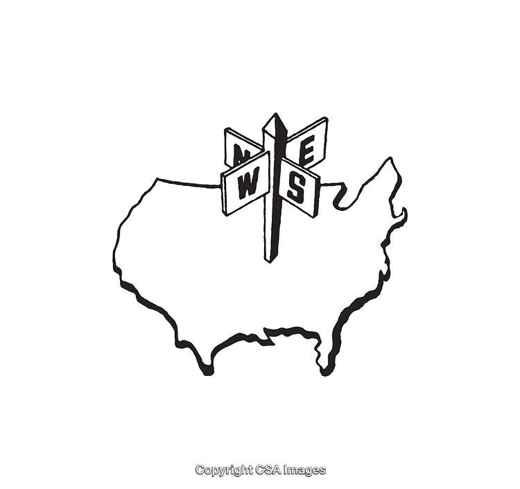 Black and White Map Illustration with Compass Direction Signpost