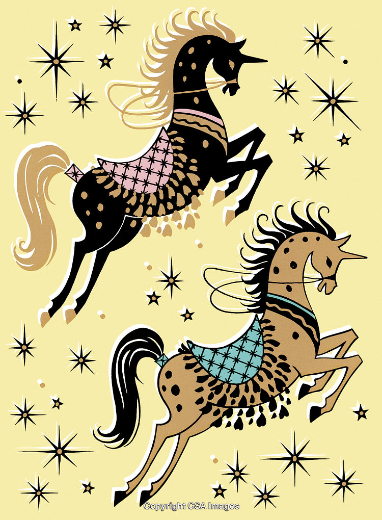 Retro Illustration of Two Decorative Horses Amidst Star Patterns
