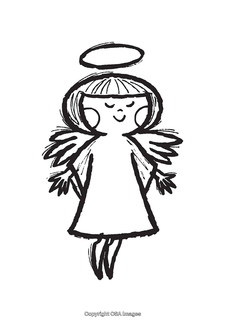 Whimsical Black and White Line Art of Smiling Angel with Halo