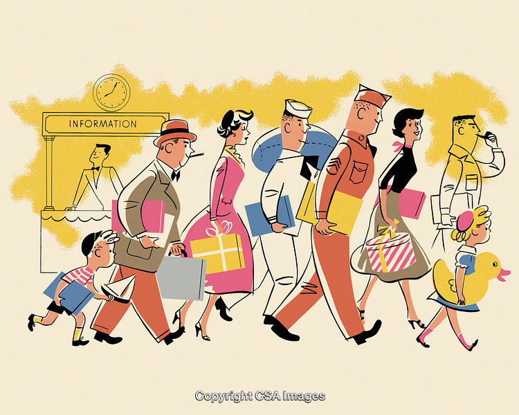 Retro Illustration of People Traveling with Luggage and Gifts in Motion