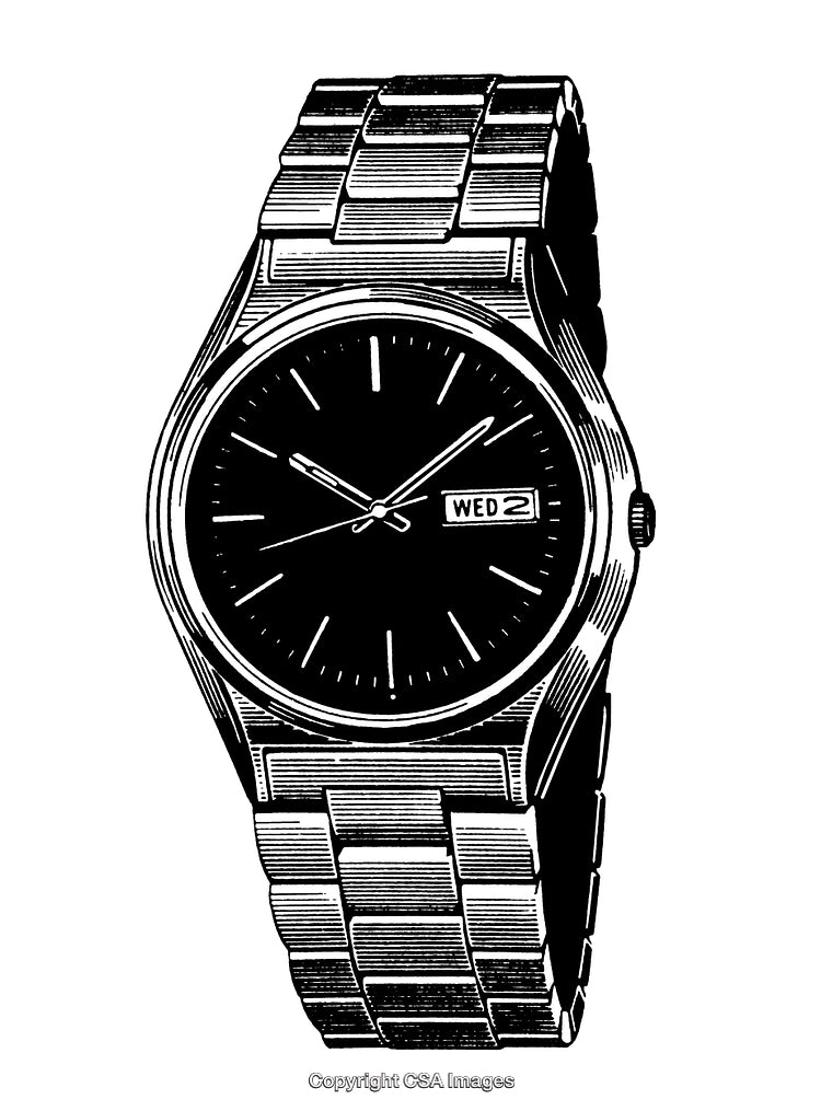 Detailed Black and White Engraving of a Classic Wristwatch Design