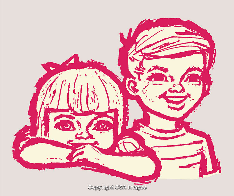 Color Illustration of Two Happy Children in a Nostalgic Art Style