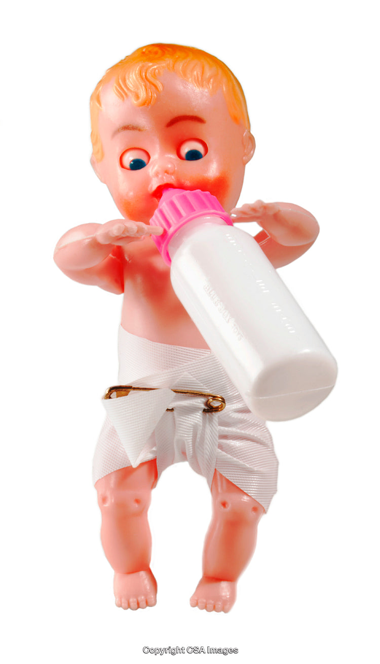Vintage Plastic Baby Doll Drinking Milk From Bottle in Diaper Outfit