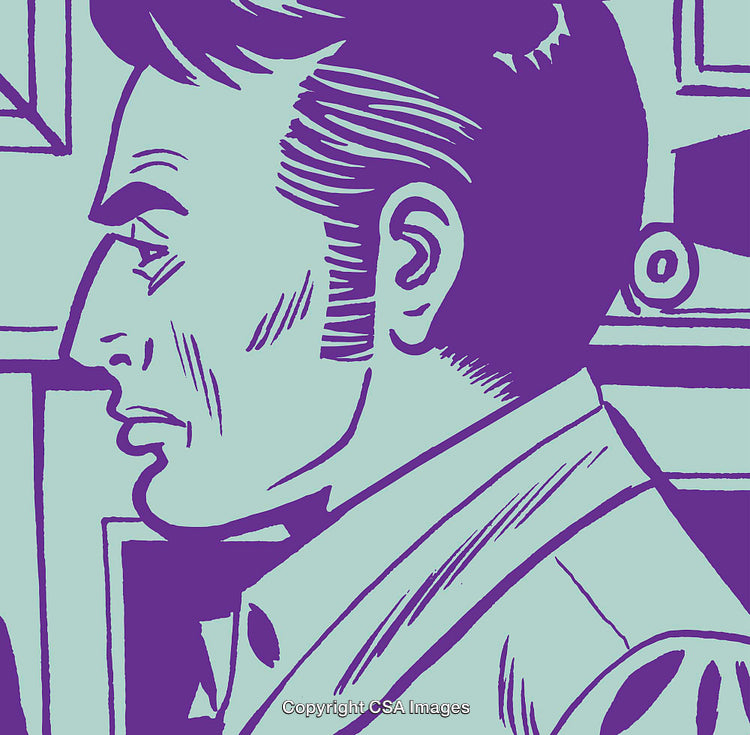 Illustrated Profile of Man in Retro Pop Art Woodcut Style