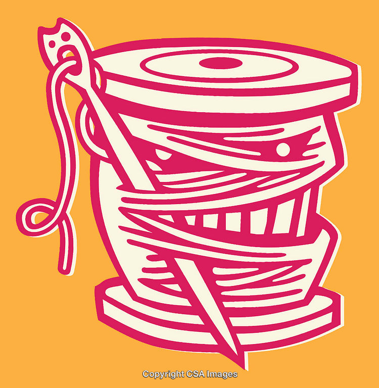 Colorful Cartoon Illustration of Spool and Needle on Yellow Background