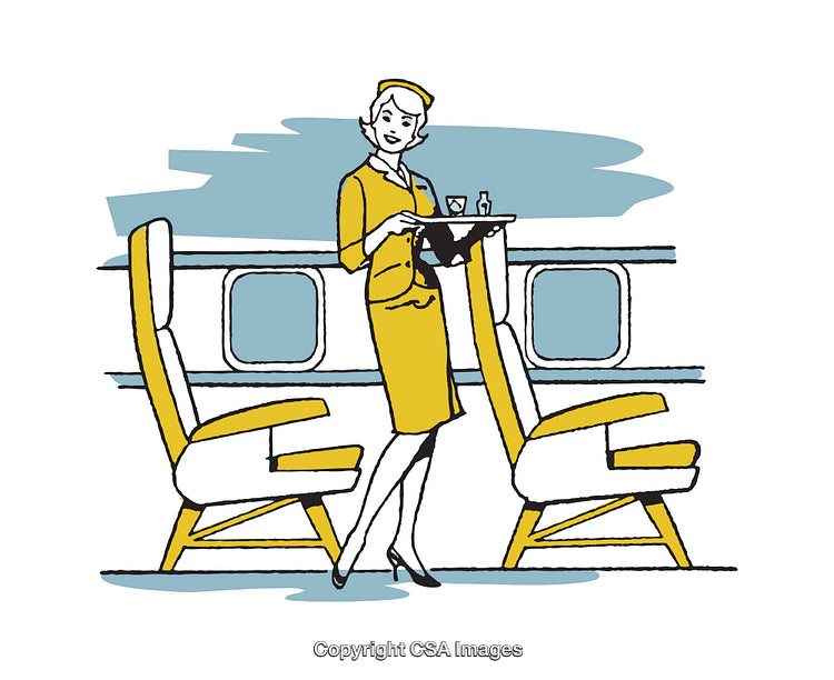 Retro Illustration of a Flight Attendant Serving During Airplane Travel