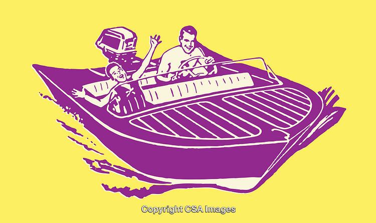 Vibrant Illustration of People Enjoying a Motorboat Ride on Bright Colors