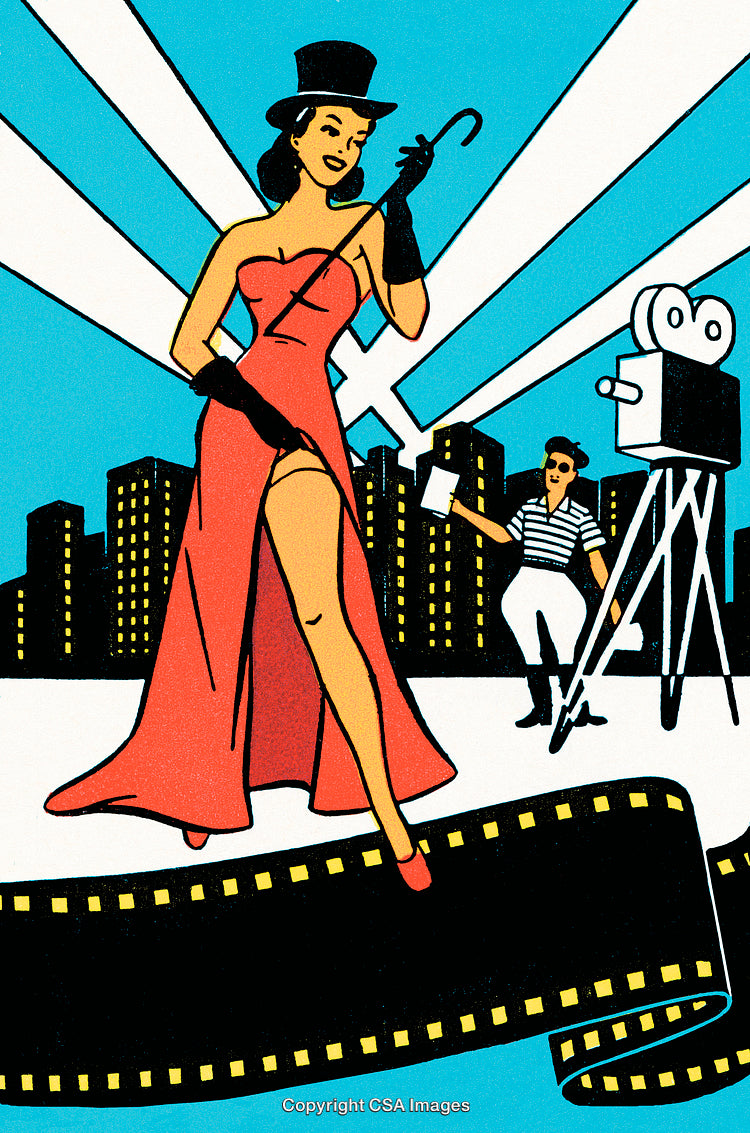 Retro Illustration of Showgirl Under City Lights With Movie Setup
