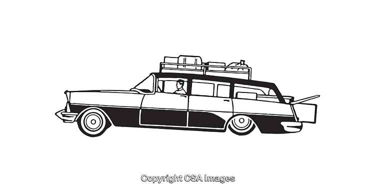 Retro Family Car with Luggage on Roof in Black and White Style