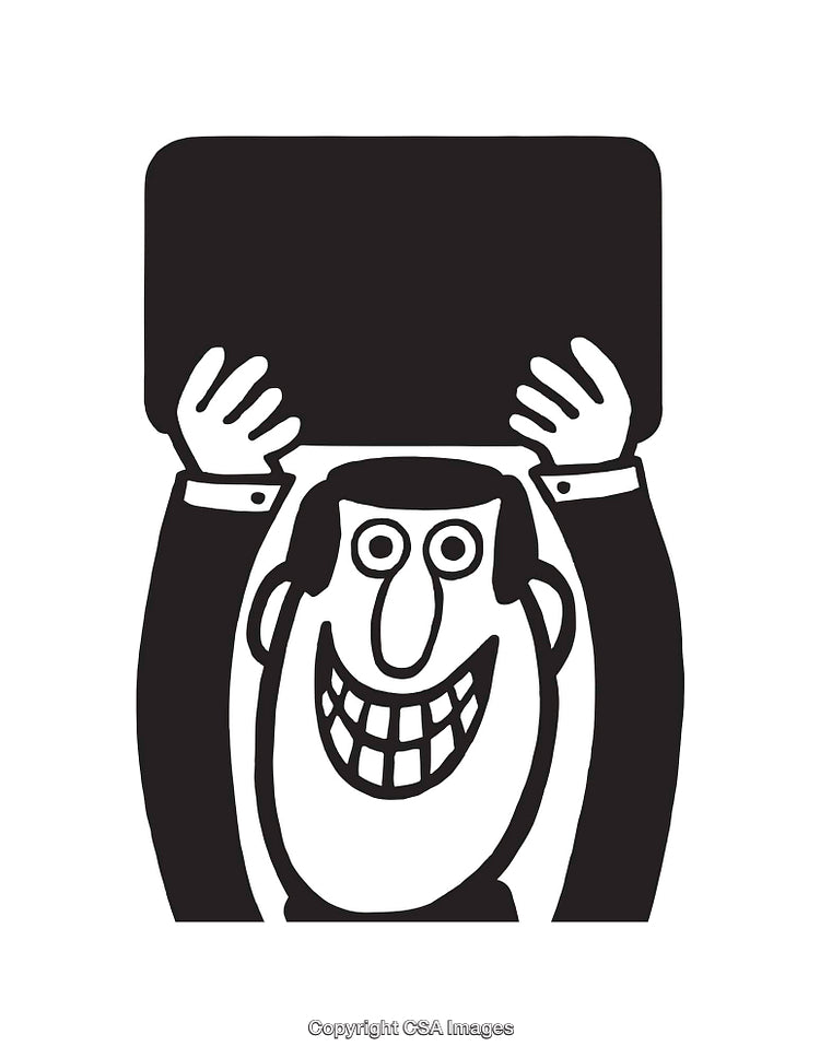 Black and White Illustration of Man Holding Blank Sign Smiling
