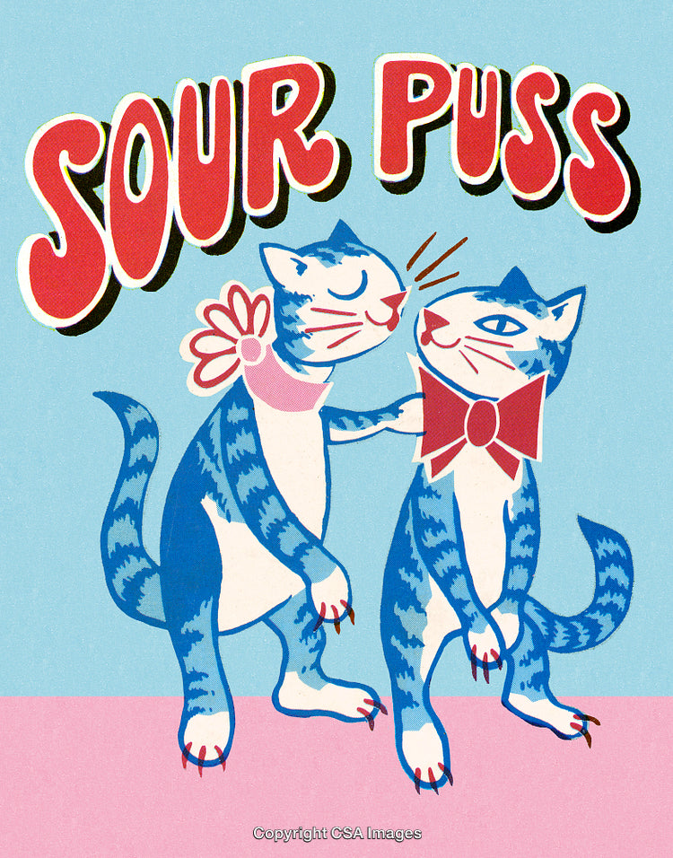 Vintage Illustration of Two Whimsical Cats with Bold Text