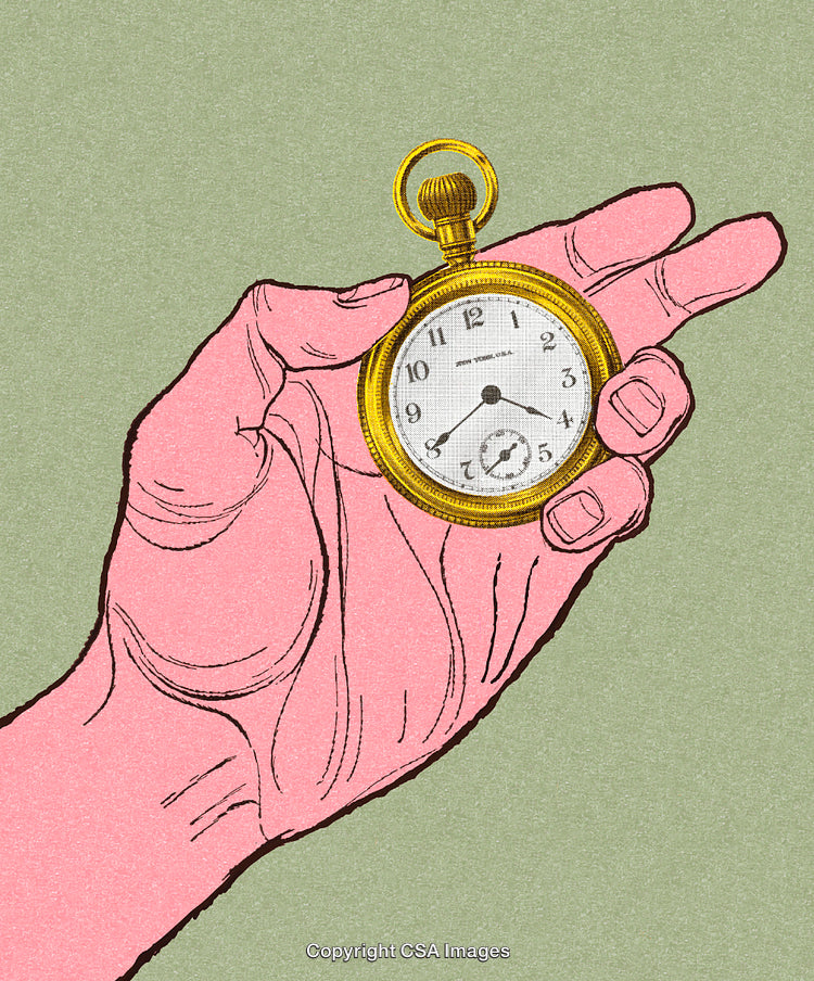Vintage Illustration of a Hand Holding a Golden Pocket Watch on Green Background
