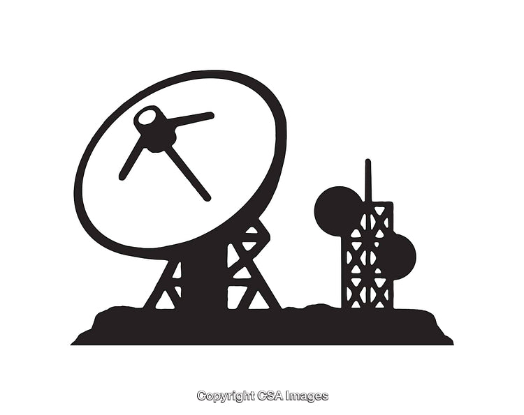 Satellite Dish and Communication Towers in Black and White Illustration