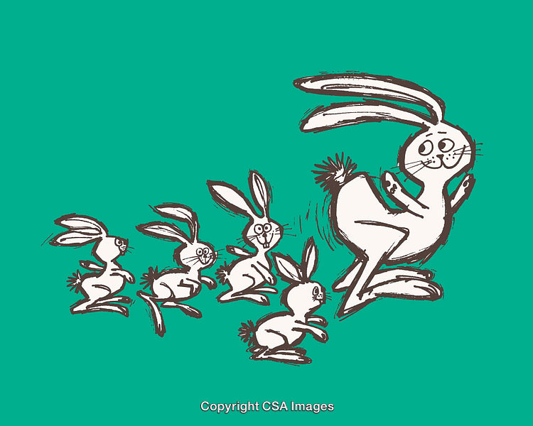 Cartoon Illustration of Five Hopping Rabbits on a Vibrant Green Background