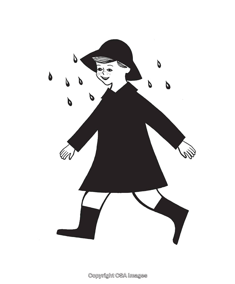 Black and White Illustration of a Child Walking in Rainwear with Raindrops