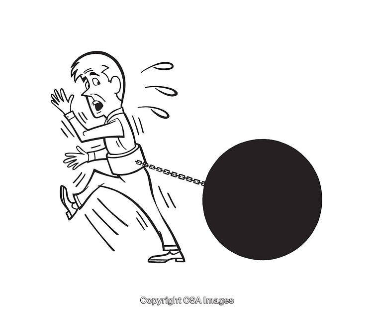 Man Chained to Heavy Burden in Black and White Line Art Style