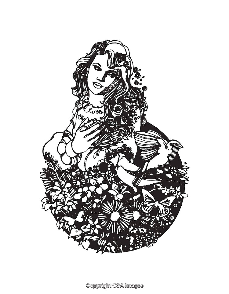 Black and White Line Art Depicting Woman with Nature Elements