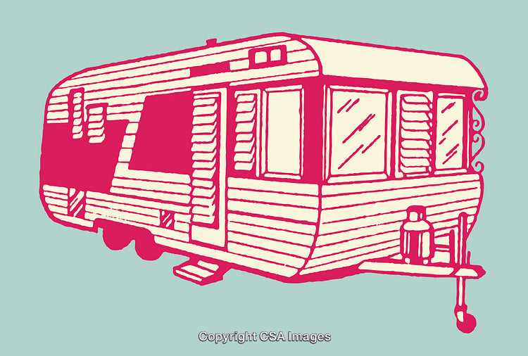 Vintage Caravan Line Art Illustration in Pink and Light Blue