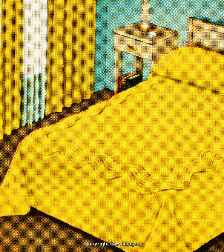 Bright Vintage Bedroom Featuring Yellow Bedding and Retro Decor