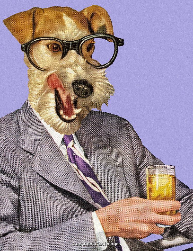 Stylized Dog Wearing Glasses Holding Beverage in Business Attire