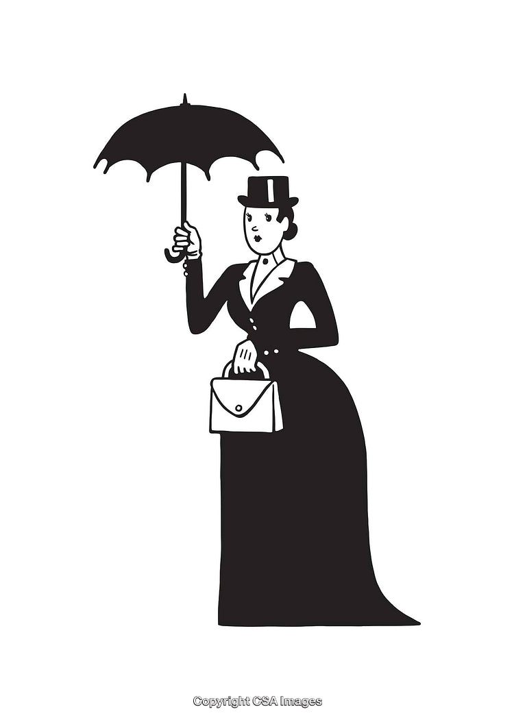 Elegant Victorian Woman Illustration with Umbrella in Black and White Style