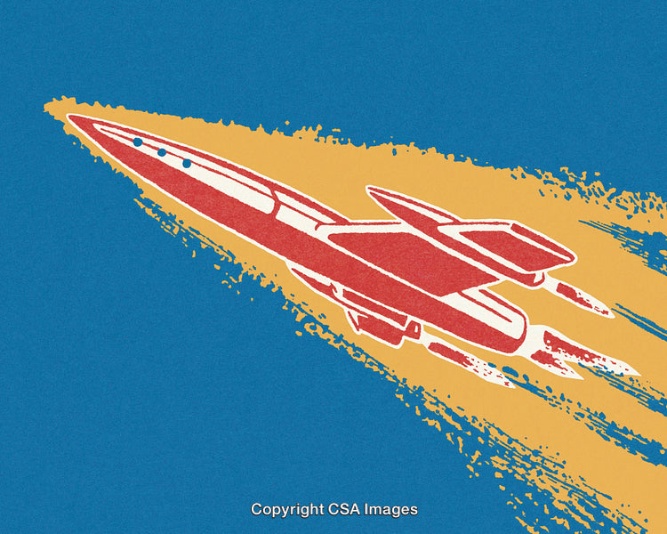 Retro Futuristic Rocket in Blue and Yellow Stylized Artwork
