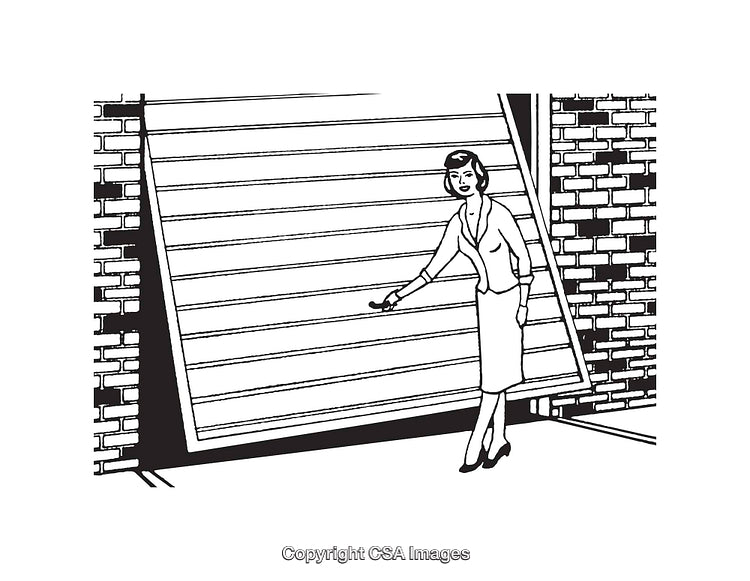 Black and White Line Art Illustrating Woman Lifting a Garage Door