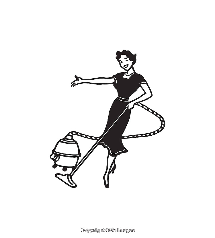 Retro Woman Using Vintage Vacuum Cleaner in Line Art Illustration