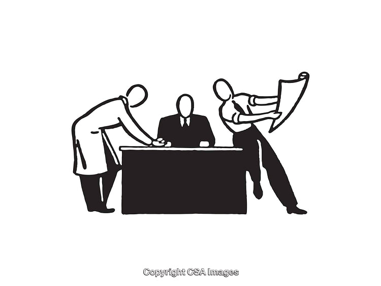 Team Collaboration in Office Setting Illustrated in Black and White Line Art