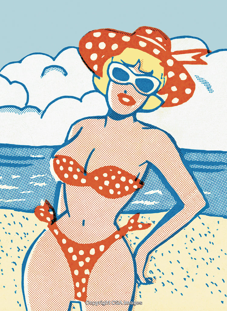 Retro Pop Art Woman on a Beach in Polka Dot Bikini