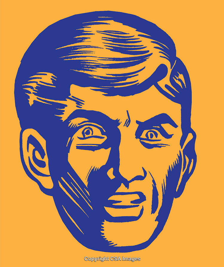 Expressive Blue Sketch of a Face with Intense Expression on Yellow Background