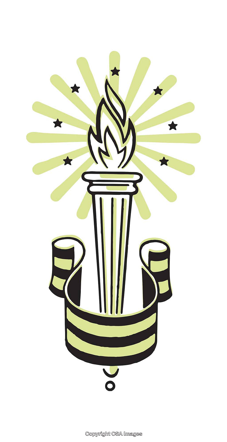 Illuminated Torch Graphic Illustration with Radiant Stars and Ribbon Design