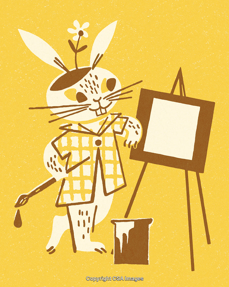 Whimsical Rabbit Artist Painting on a Canvas with a Cheerful Yellow Background
