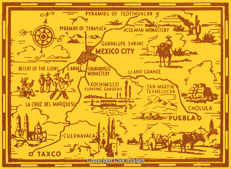 Vintage Map Illustration Featuring Mexican Historical Sites and Icons