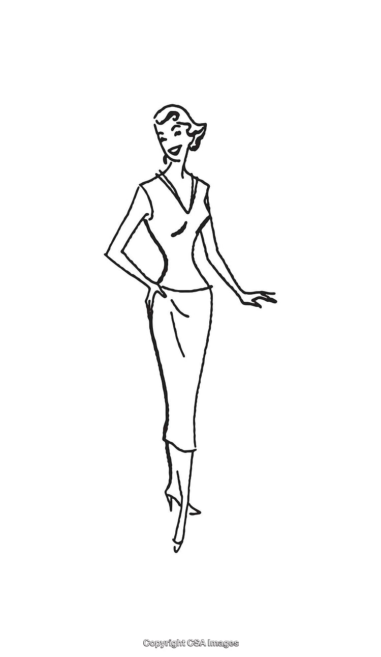 Elegant Black and White Line Drawing of a Woman in a Classic Pose