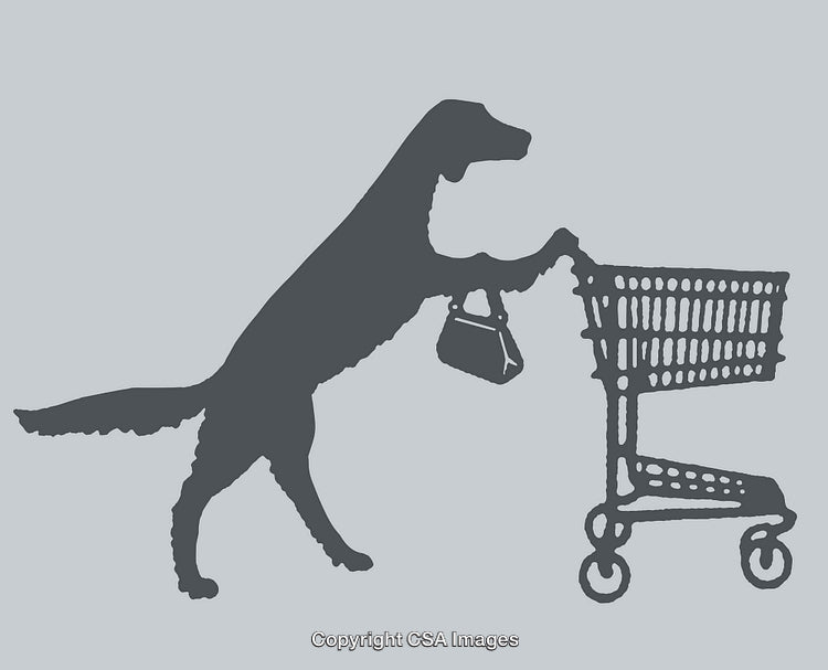 Silhouette Art of a Dog Pushing a Shopping Cart and Holding a Bag