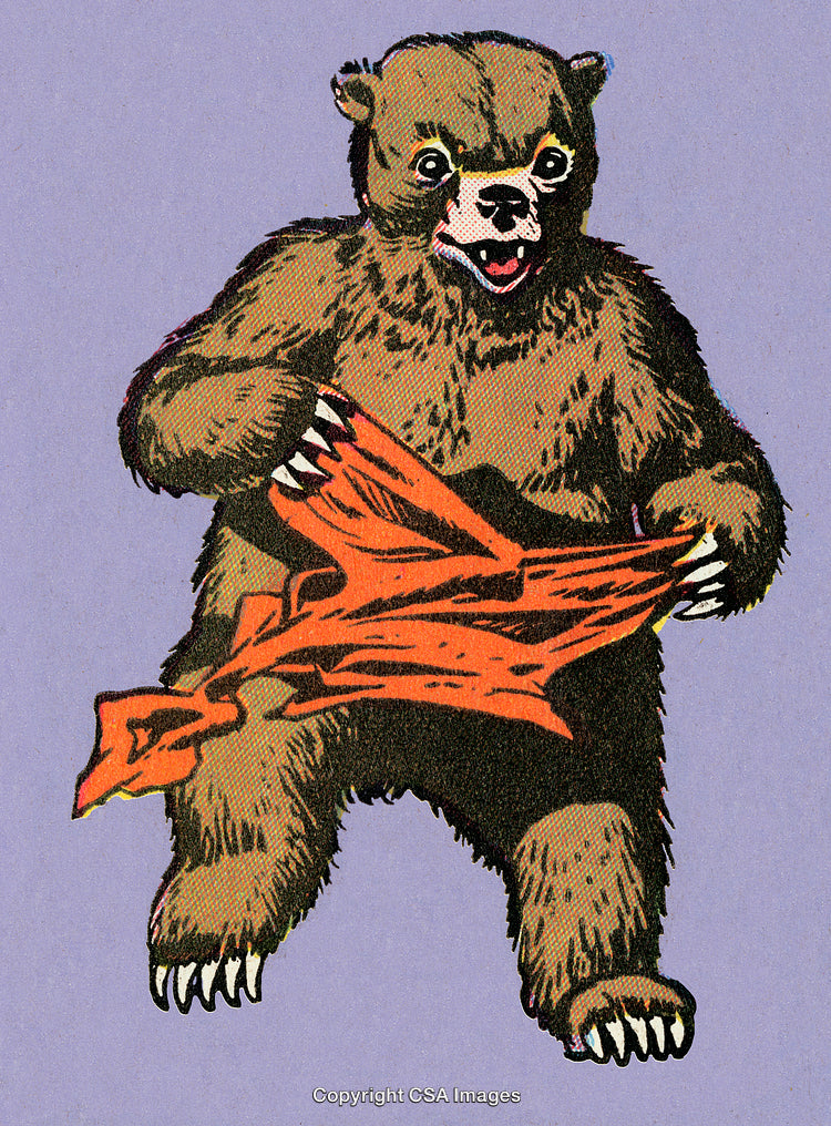 Vintage Comic Style Bear with Dragon Illustration on Purple Background