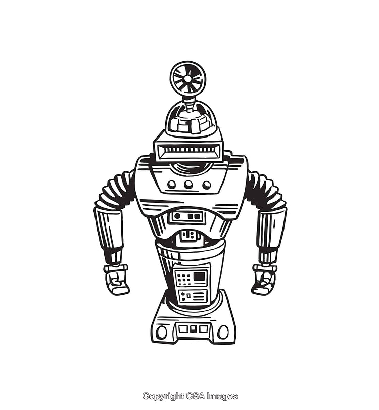 Vintage Robot Illustration In Black And White Line Art Style