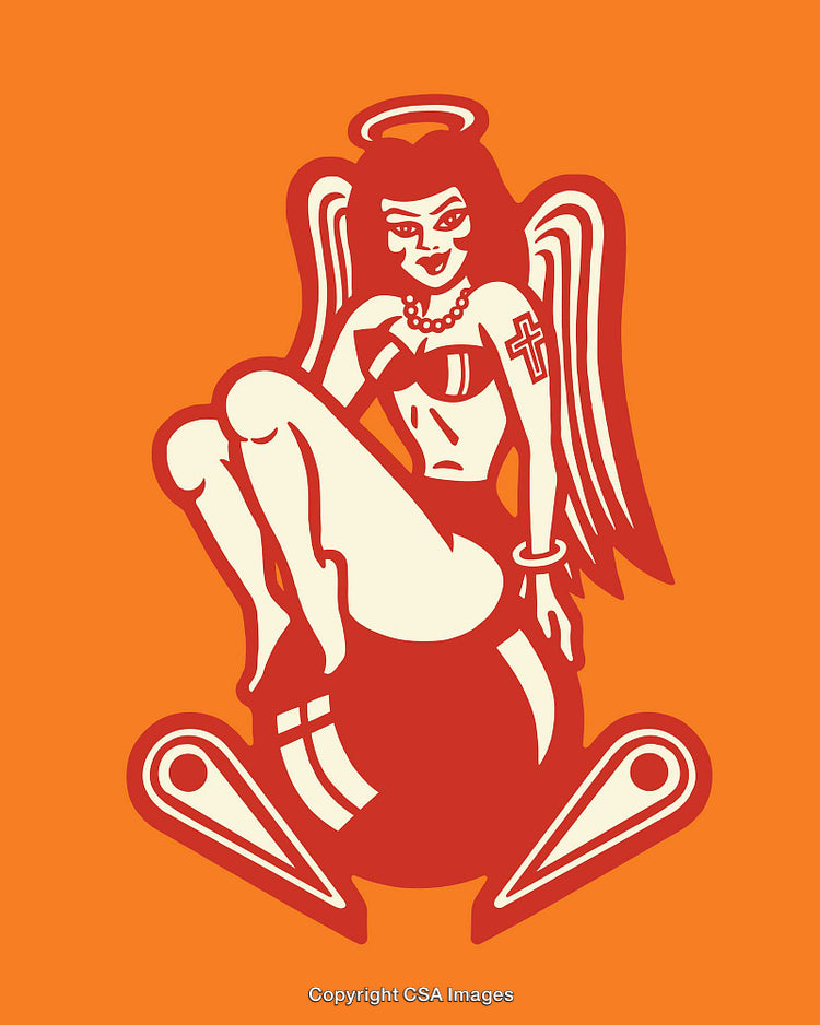 Vibrant Angel Illustration With Retro Elements on Bold Orange Background