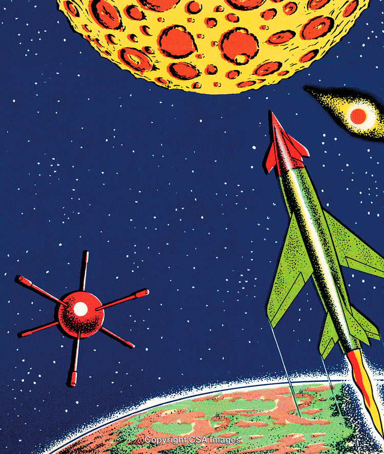 Retro Illustration of Rocket and Lunar Scene in Outer Space