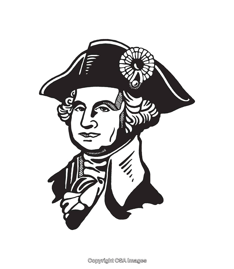 Detailed Black-and-White Colonial Line Art Illustration of a Historical Figure