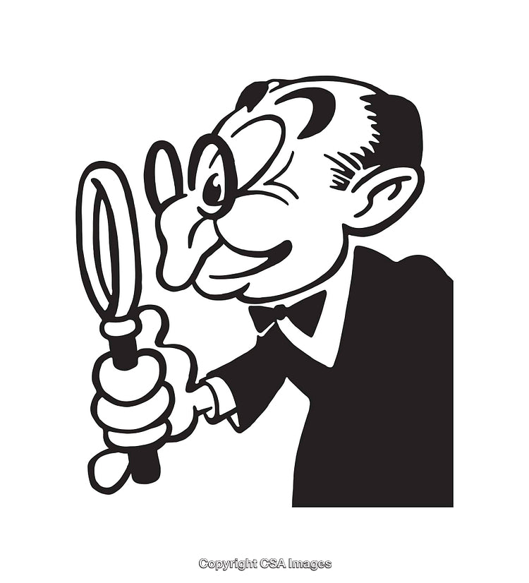 Black and White Line Art of a Man Inspecting with a Magnifying Glass