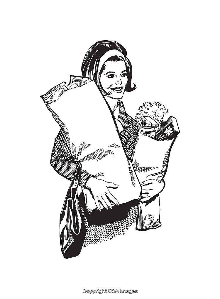 Vintage Illustration of Woman Holding Groceries in Black and White Style
